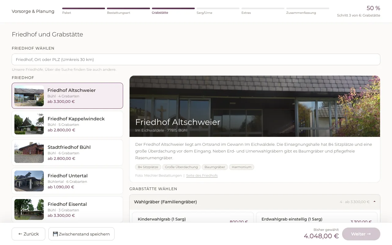 Der Kostenkonfigurator im Schritt Grabstätte: Friedhöfe mit Fotos, Grabarten und Preisen
